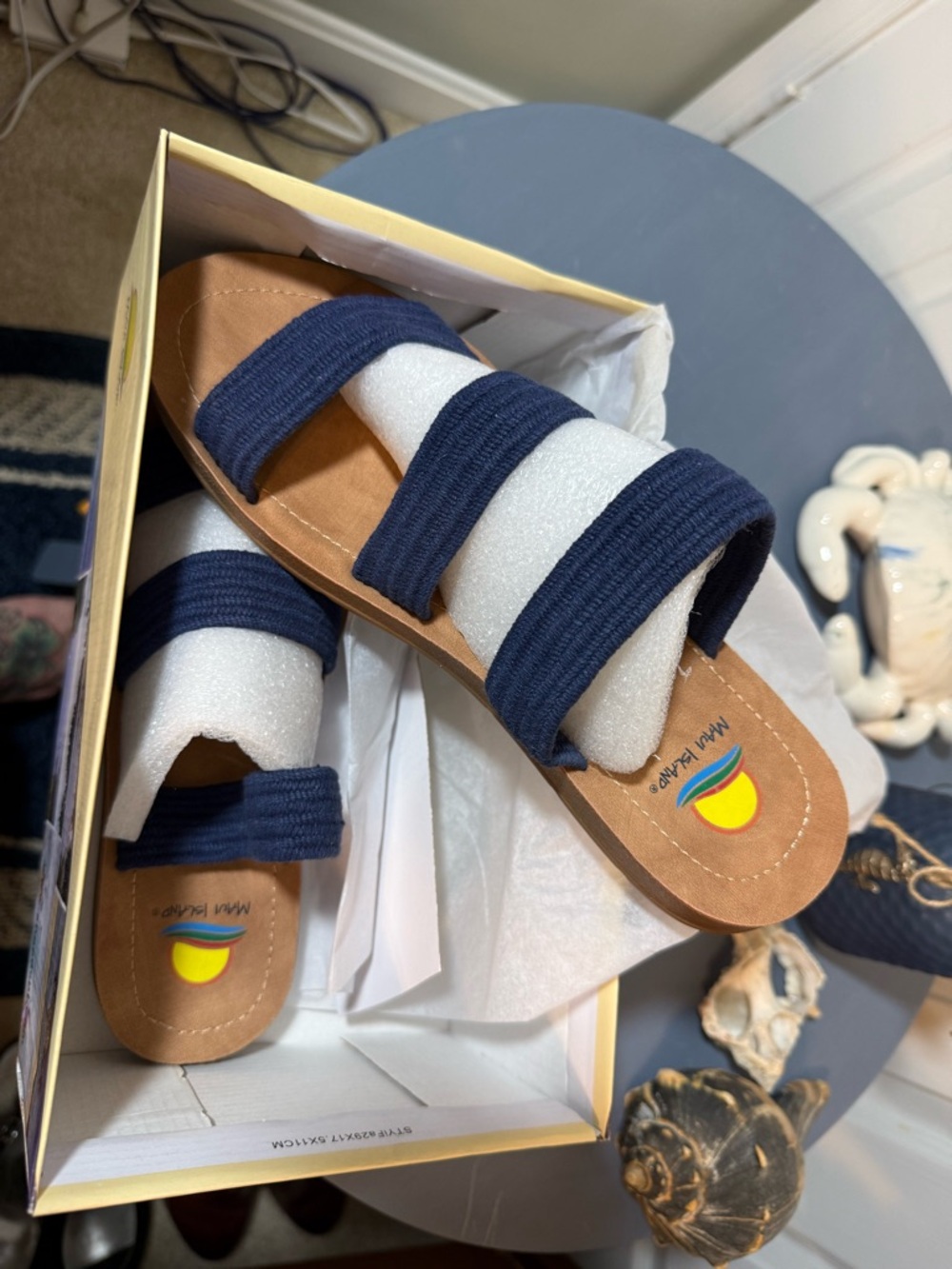 Maui island Navy Triple-Strap Slide Sandals with Tan Footbed